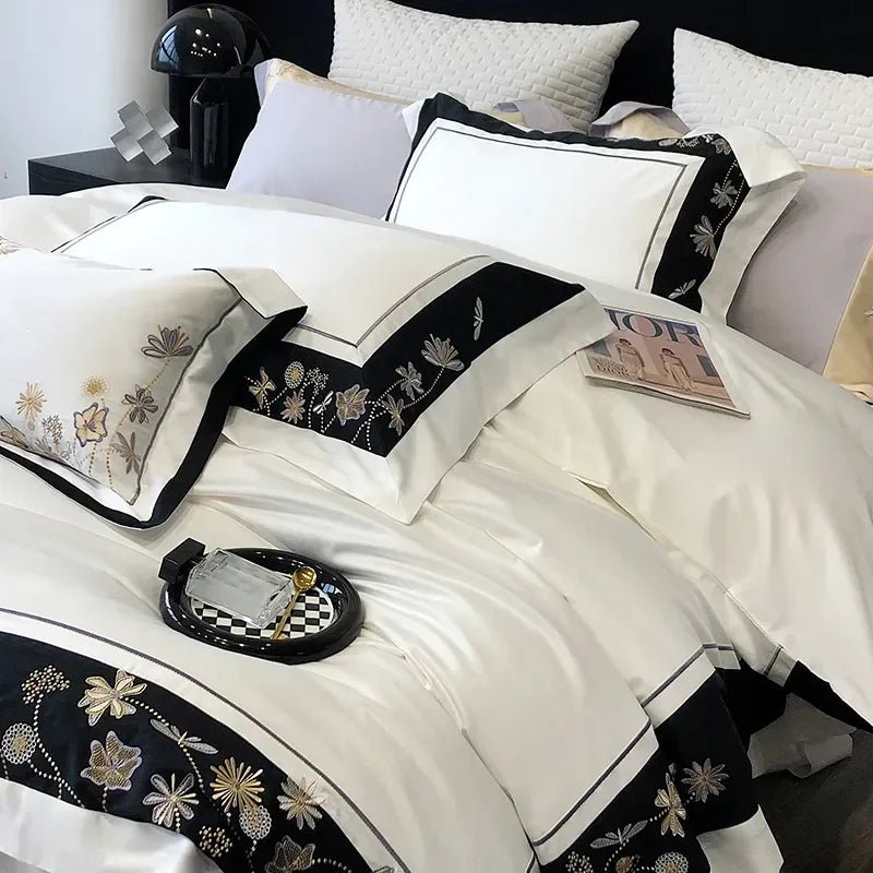 Flowers Butterfly Dragonfly Embroidery Duvet Set - myhomestore.com.pk