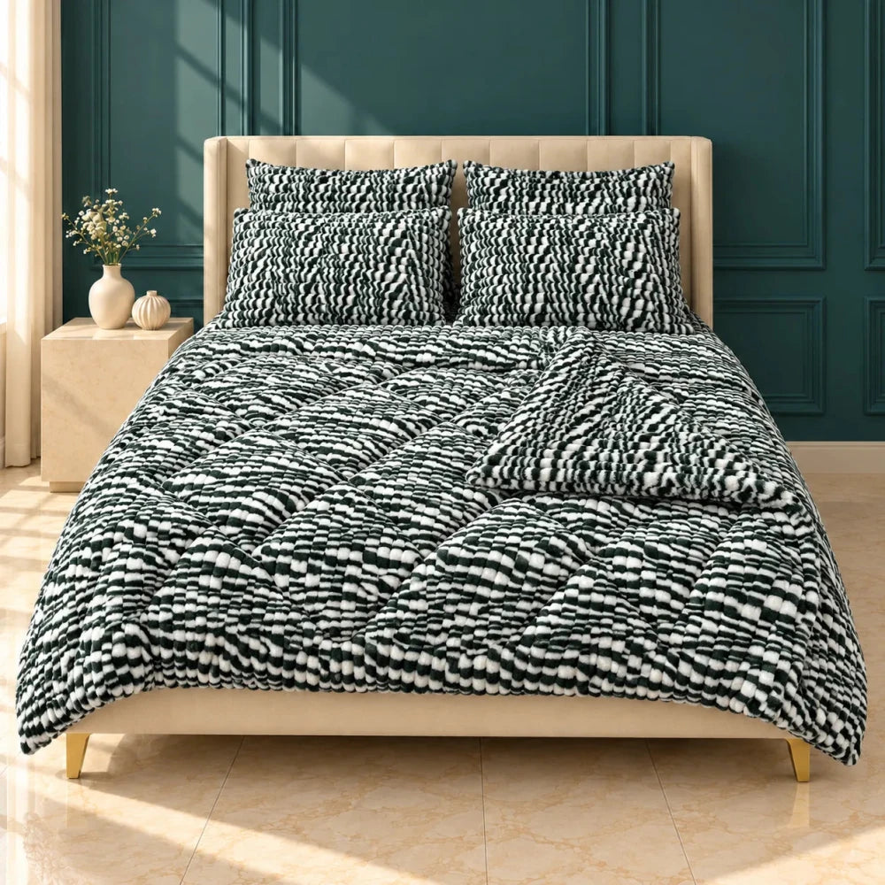 Forest Green & White Zebra Bubble Fleece Comforter Set – 6 Pcs King Size - myhomestore.com.pk