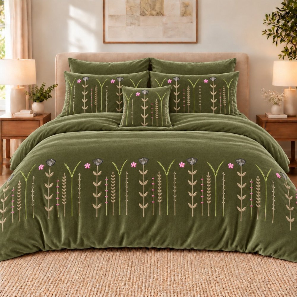 Forest Green Wildflower Embroidered Velvet Duvet Set - myhomestore.com.pk