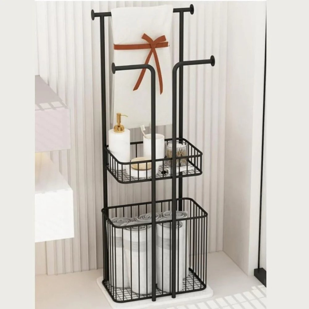 Free Standing Towel Rack with Laundry Hamper Basket Metal Towel Stand - myhomestore.com.pk