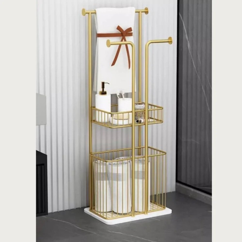 Free Standing Towel Rack with Laundry Hamper Basket Metal Towel Stand - myhomestore.com.pk