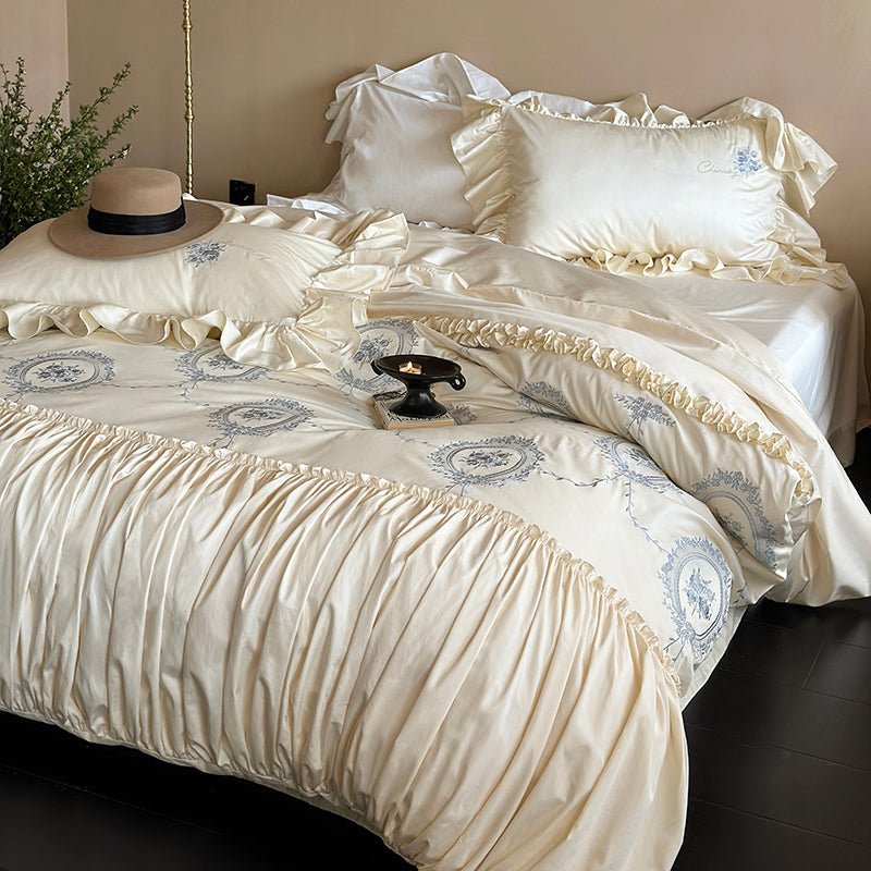 French Vintage Embroidery Duvet Set | Elegant Ruffle Bedding - myhomestore.com.pk