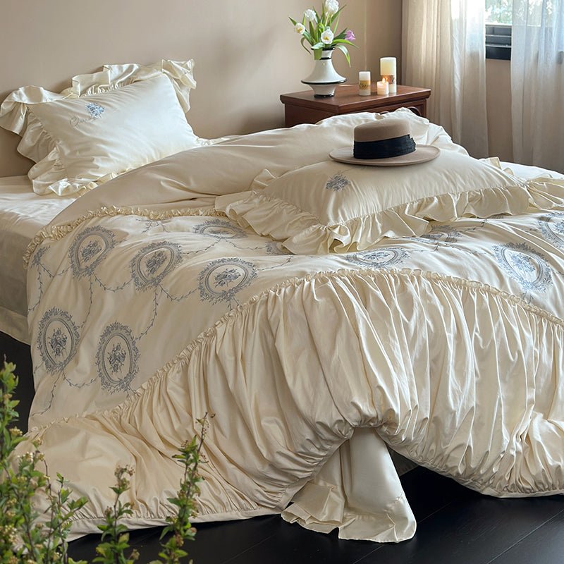 French Vintage Embroidery Duvet Set | Elegant Ruffle Bedding - myhomestore.com.pk
