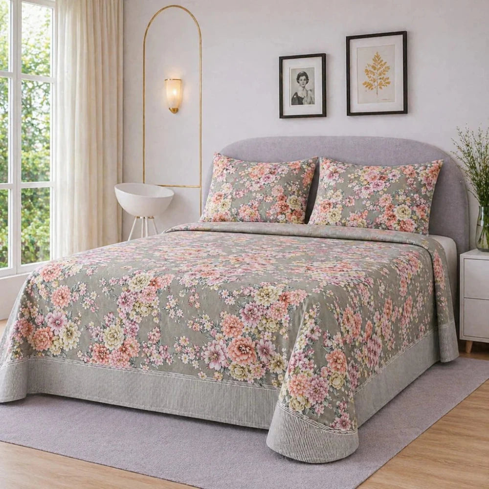 Fresh Blooms Printed Bedsheet – King Size Bedding - myhomestore.com.pk