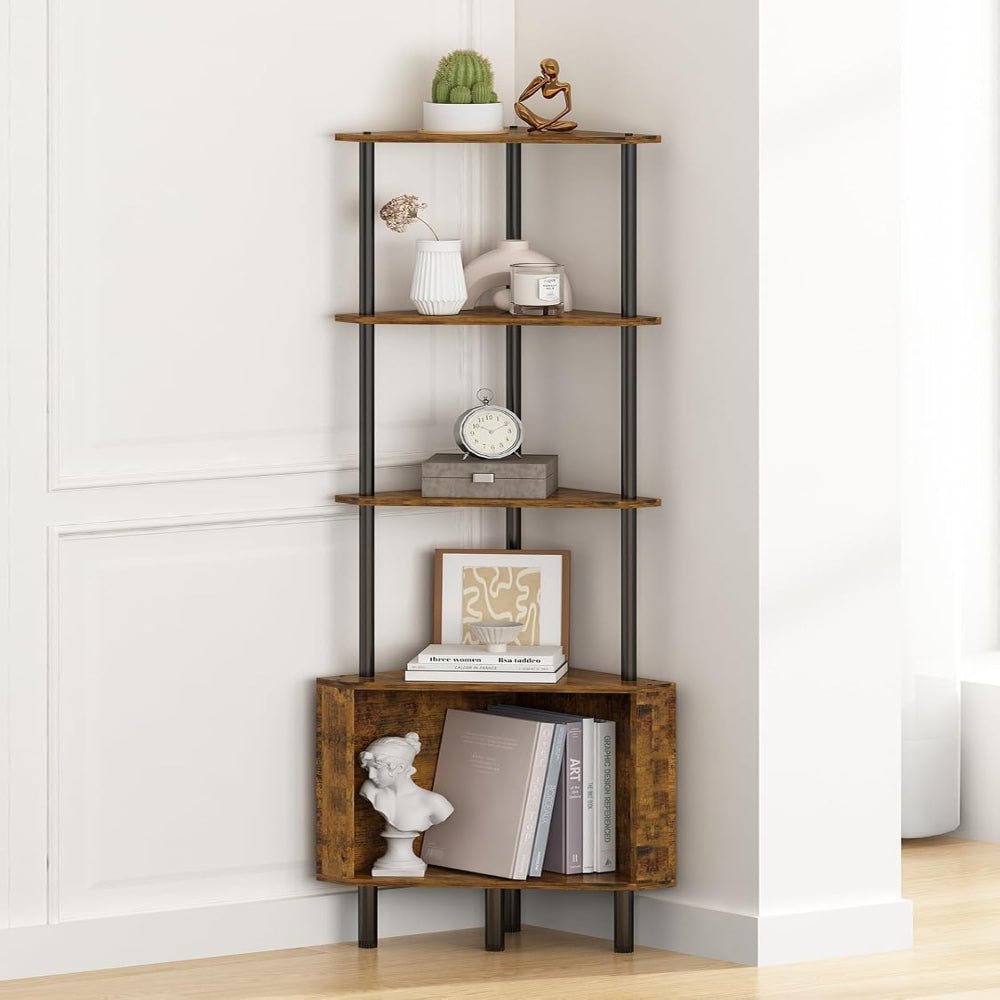 GILLAS 5 - Tier Corner Shelf Stand | Industrial Rustic Bookshelf & Plant Display - myhomestore.com.pk