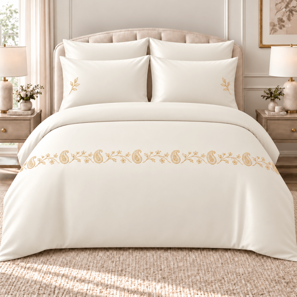 Golden Paisley Off-White Embroidered Bedding Set - myhomestore.com.pk