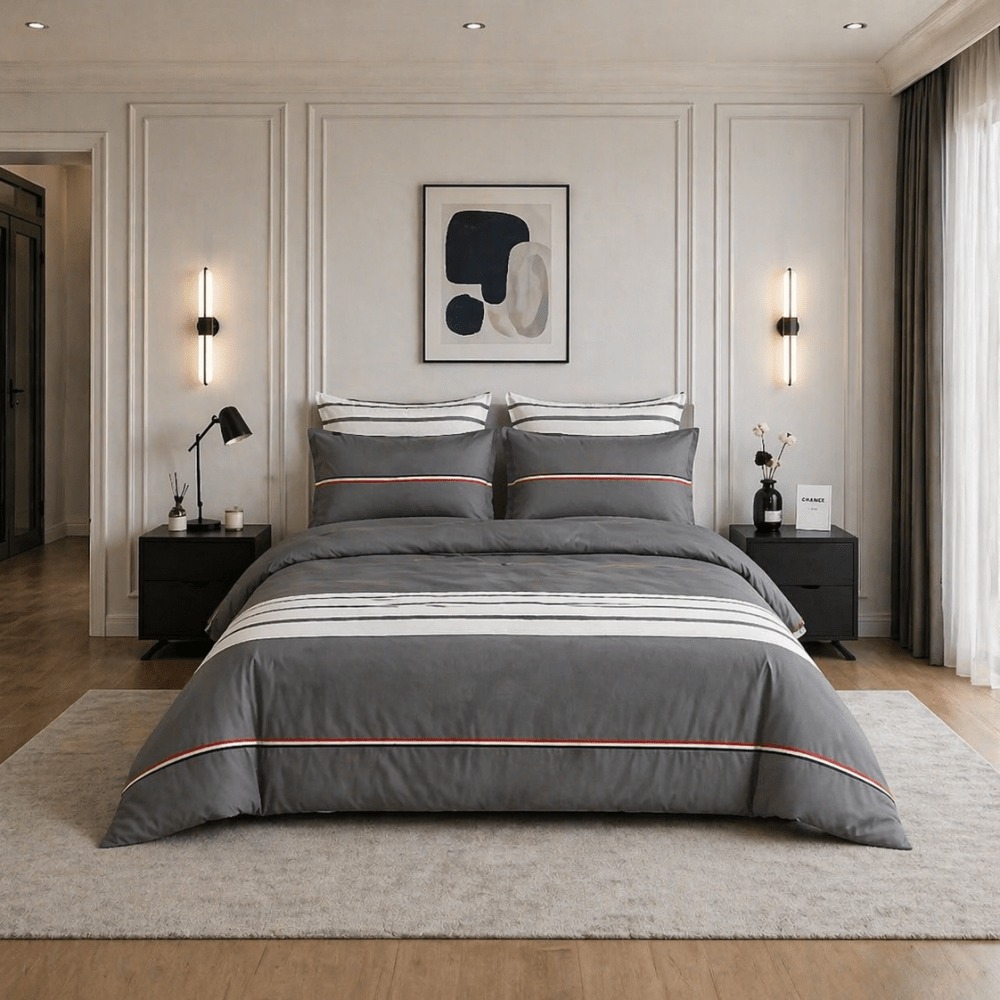 Gray/White Striped 100% Cotton Duvet Set - myhomestore.com.pk