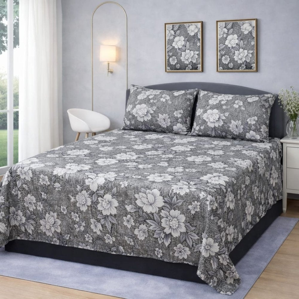 Grey Flower Print Bedding Set (3pcs) - myhomestore.com.pk