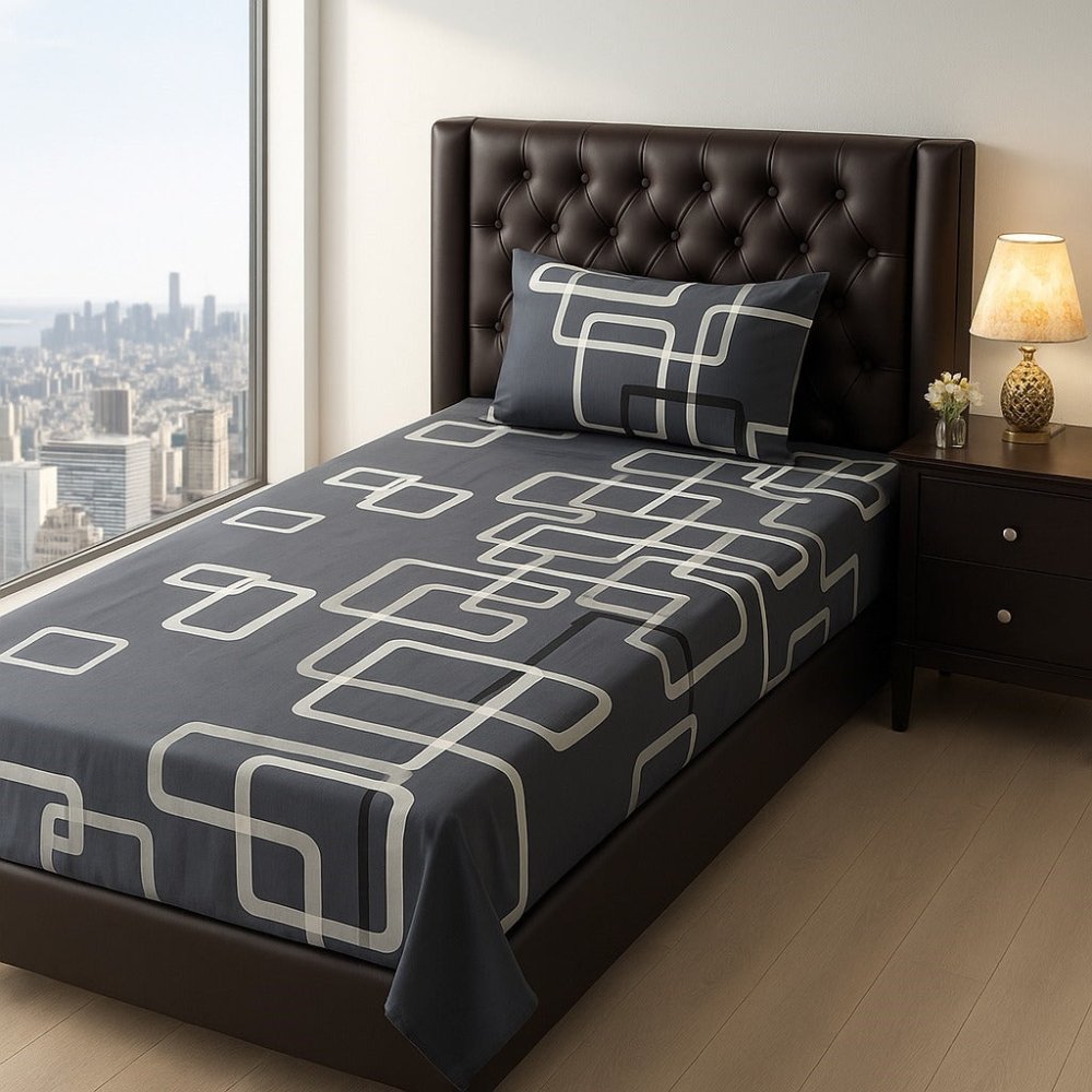 Grey White Geometric Square Kids Bed Sheet - myhomestore.com.pk