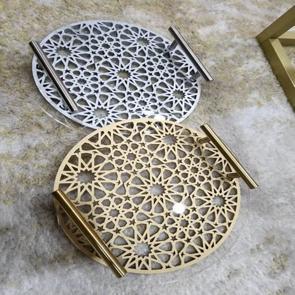 Islamic Pattern Wooden Sweets Tray With Acrylic Top - Gold/Silver - myhomestore.com.pk