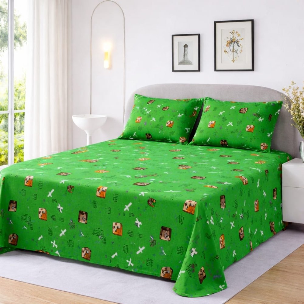 Kids Fun Print Green Printed Bedsheet (3pcs) - myhomestore.com.pk