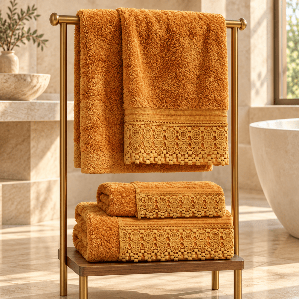 Lace Bath Towel Set (Orange) - myhomestore.com.pk