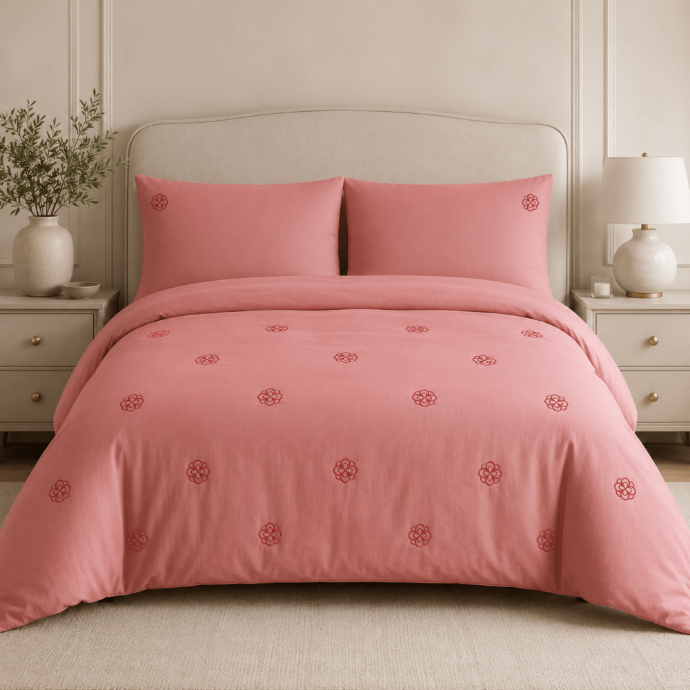 Light Red Rosette Embroidered Duvet Cover Set - myhomestore.com.pk