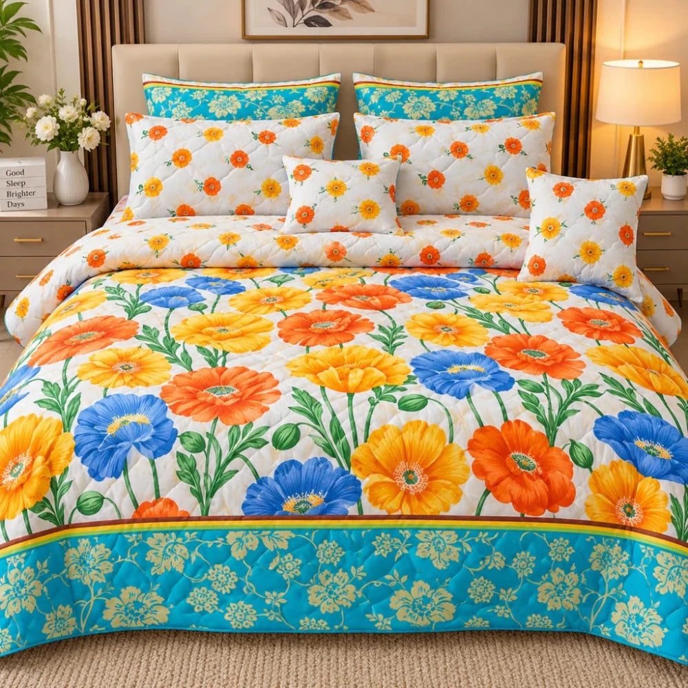 Luxury Blue & Orange Floral 7Pc Bedspread Set - myhomestore.com.pk