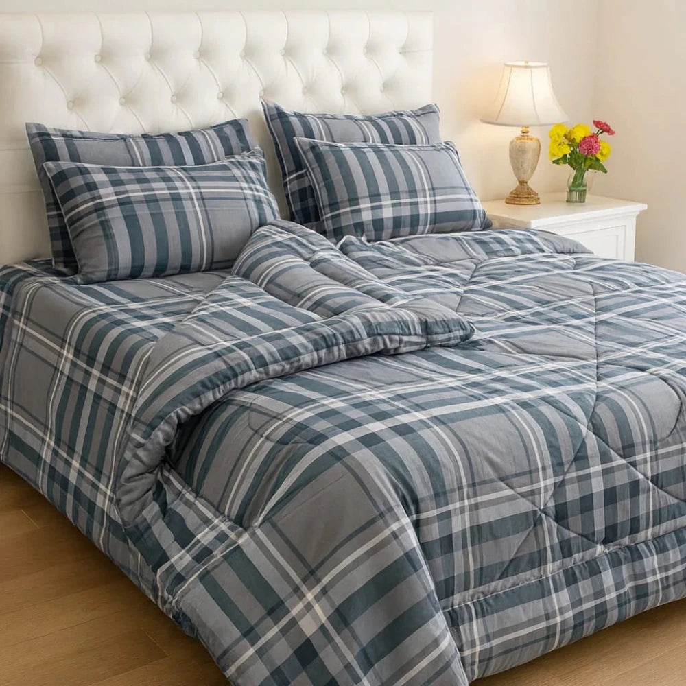 Luxury Blue Plaid Bedding Set – Warm Quilted Bed Set for Winter - myhomestore.com.pk