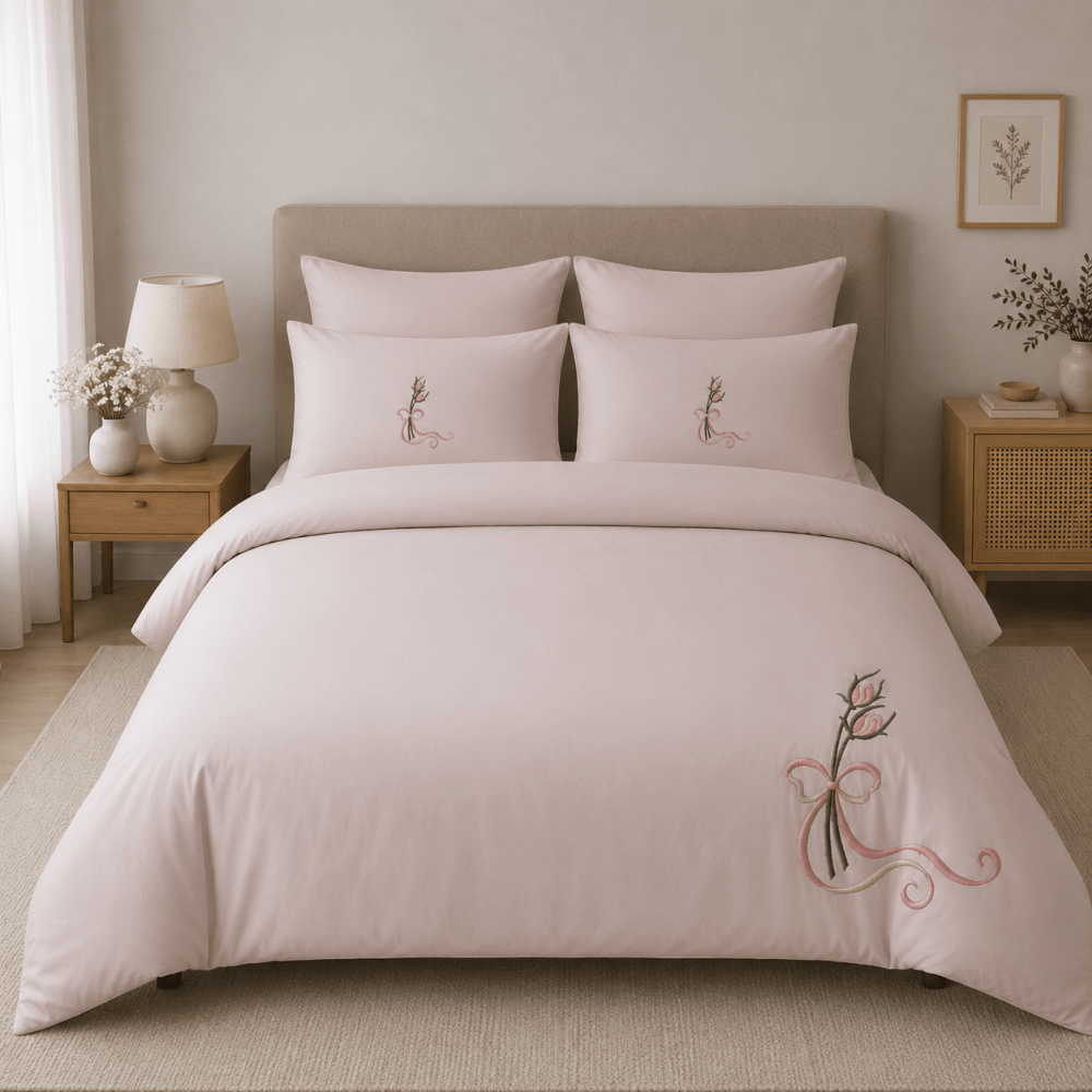 Luxury Blush Pink Embroidered Floral Bow Bedding Set - myhomestore.com.pk