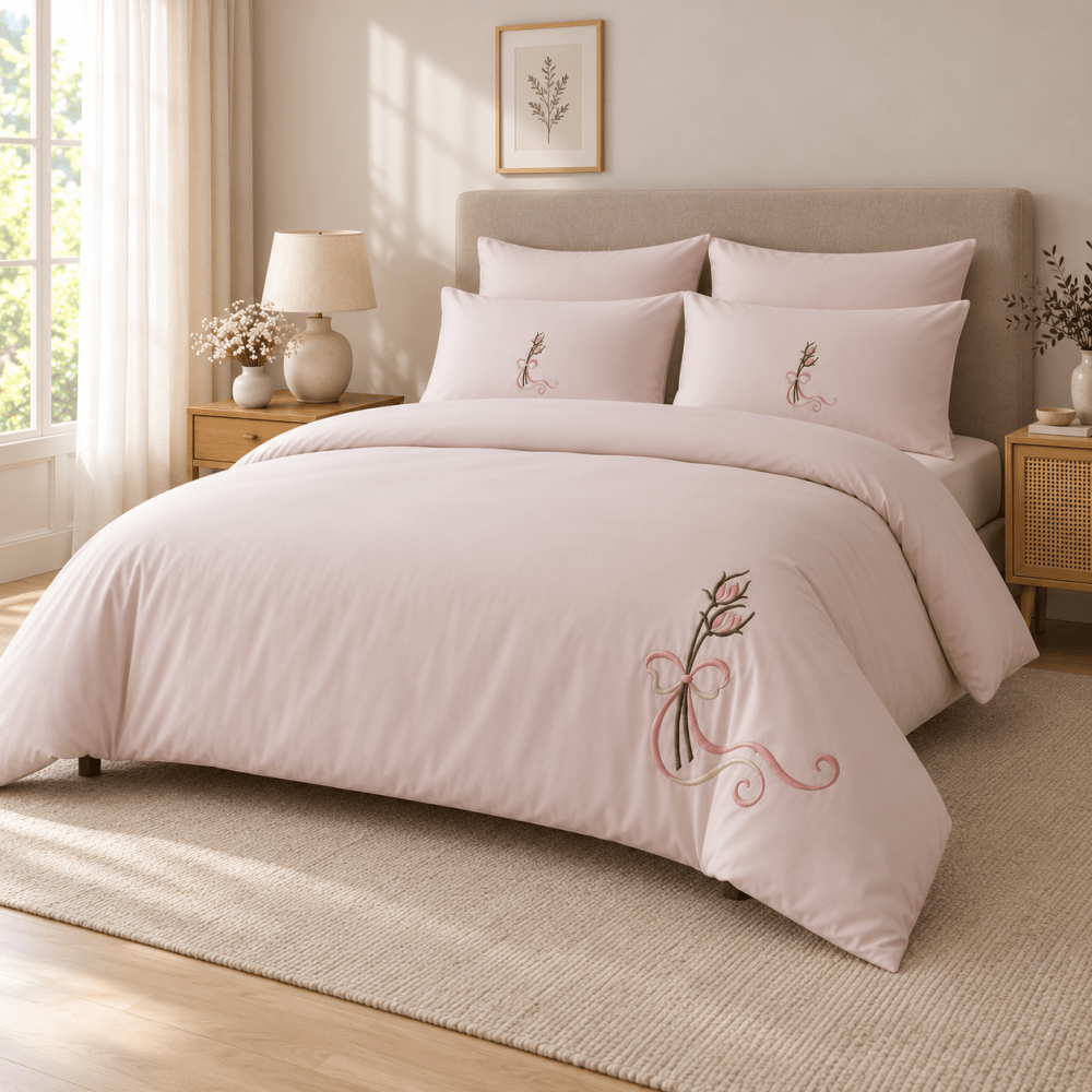 Luxury Blush Pink Embroidered Floral Bow Bedding Set - myhomestore.com.pk