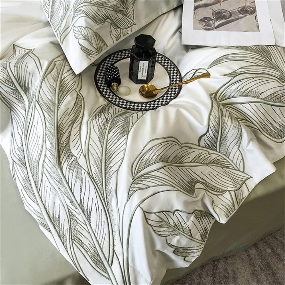 Luxury Botanical Embroidery Duvet Set – Soft Cotton Duvet Cover with Leaf Design - myhomestore.com.pk