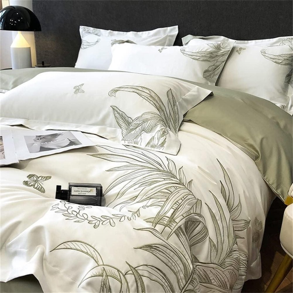 Luxury Botanical Embroidery Duvet Set – Soft Cotton Duvet Cover with Leaf Design - myhomestore.com.pk