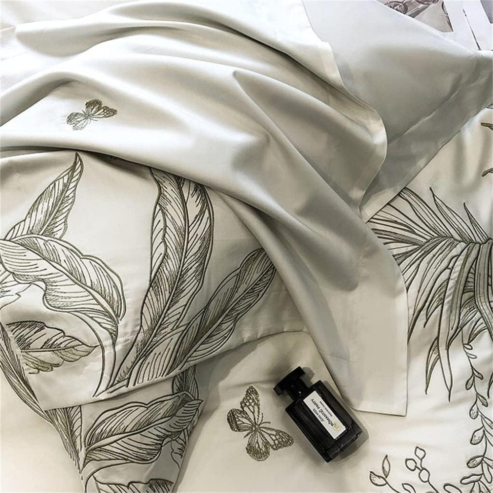 Luxury Botanical Embroidery Duvet Set – Soft Cotton Duvet Cover with Leaf Design - myhomestore.com.pk