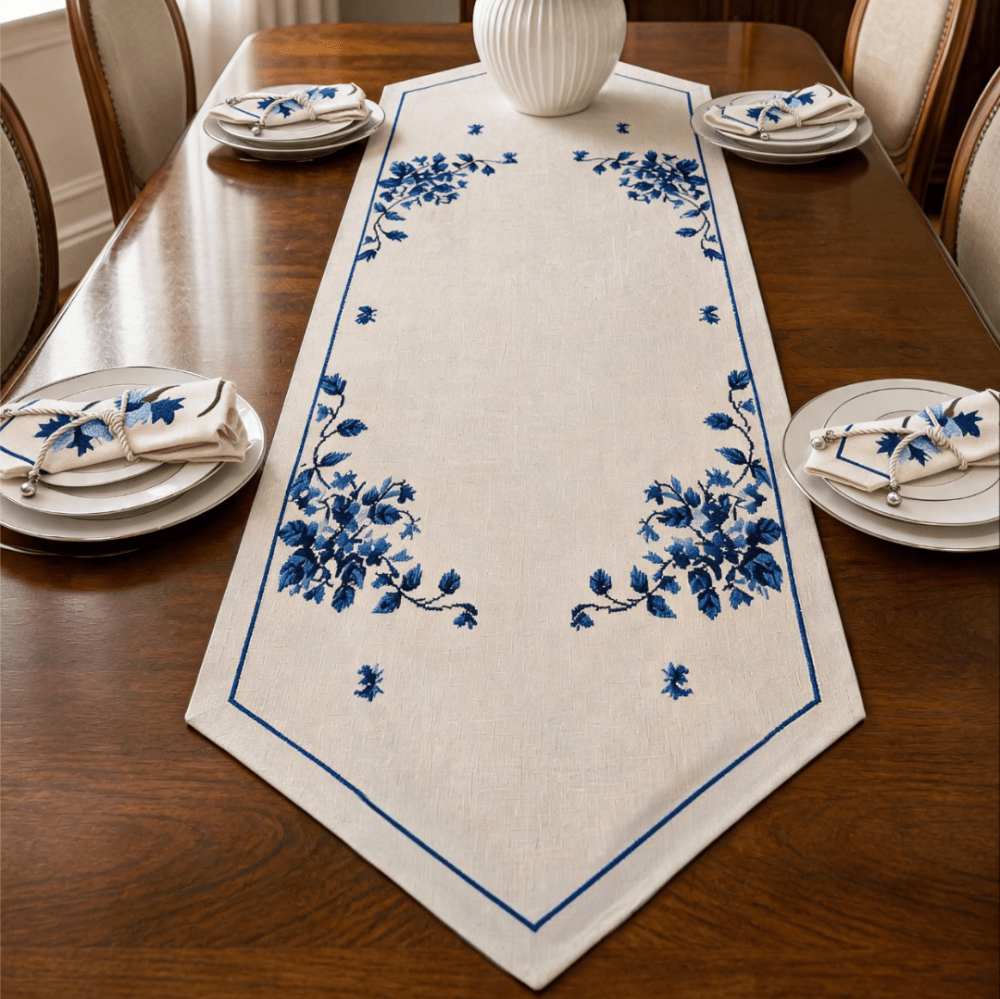 Luxury Embroidered Table Runner – White with Blue Floral Detailing - myhomestore.com.pk