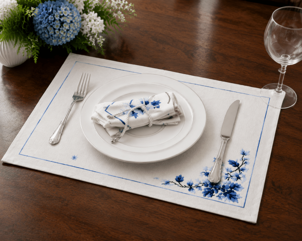 Luxury Embroidered Table Runner – White with Blue Floral Detailing - myhomestore.com.pk