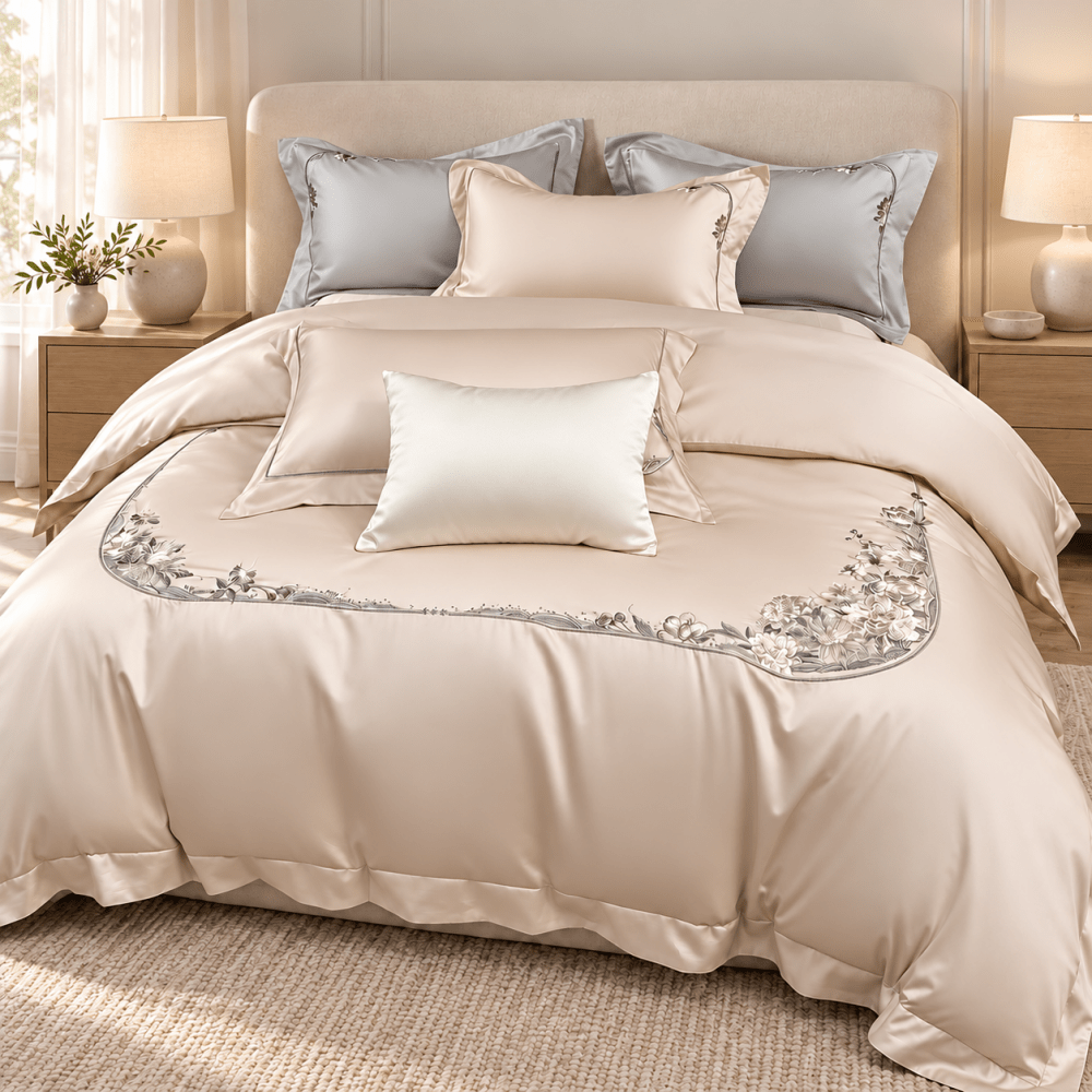 Luxury Floral Embroidered Cotton Satin Duvet Cover Set – 6 Pieces, 400TC - myhomestore.com.pk