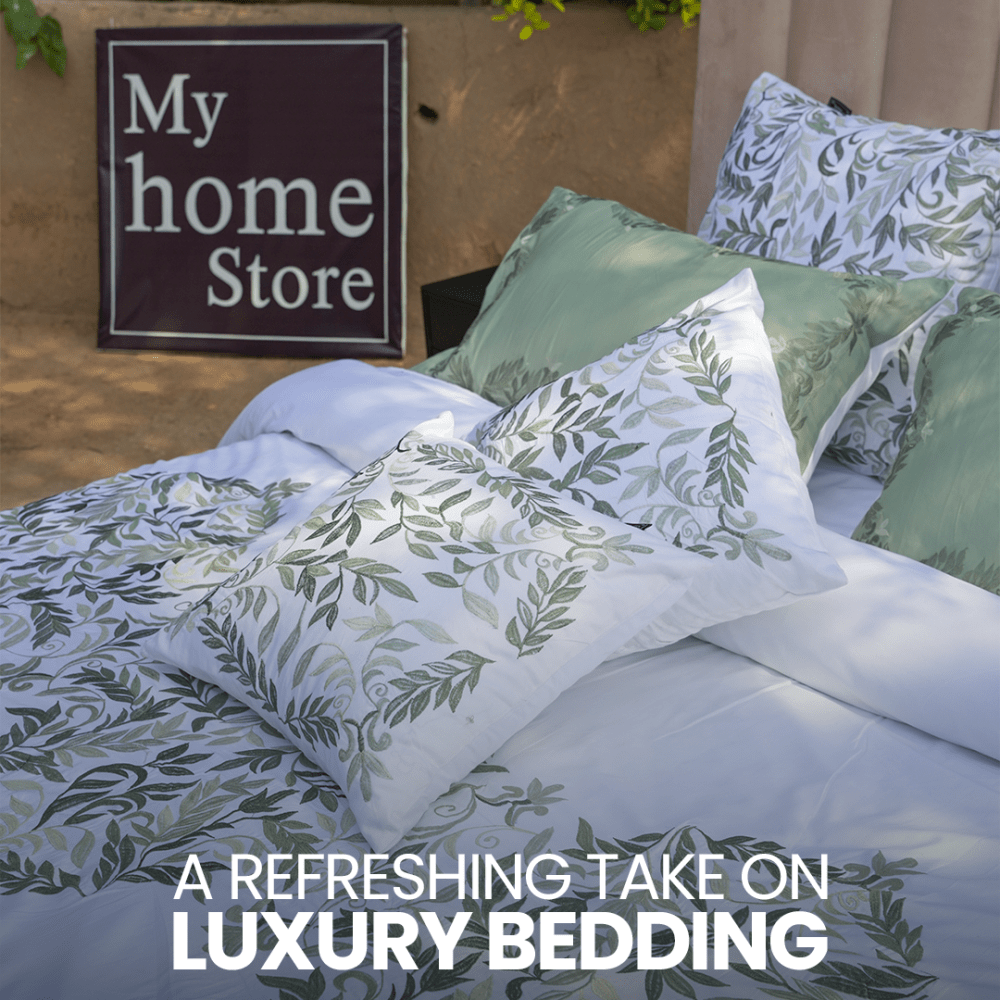 Luxury Green Cotton Satin Embroidery Duvet Set - myhomestore.com.pk