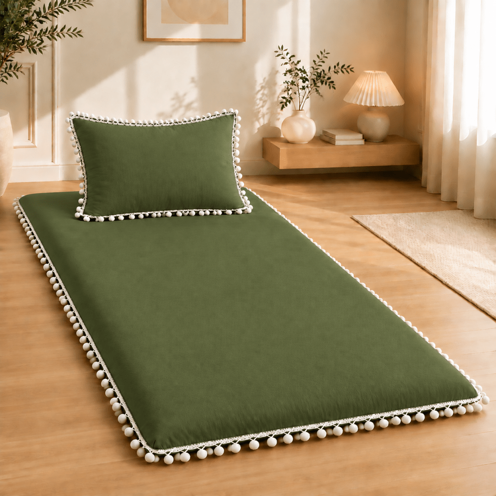 Luxury Green Pom Pom Lace Floor Mattress with Pillow Set - myhomestore.com.pk