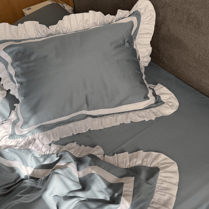 Luxury Grey & White Ruffle Bedding Set - myhomestore.com.pk