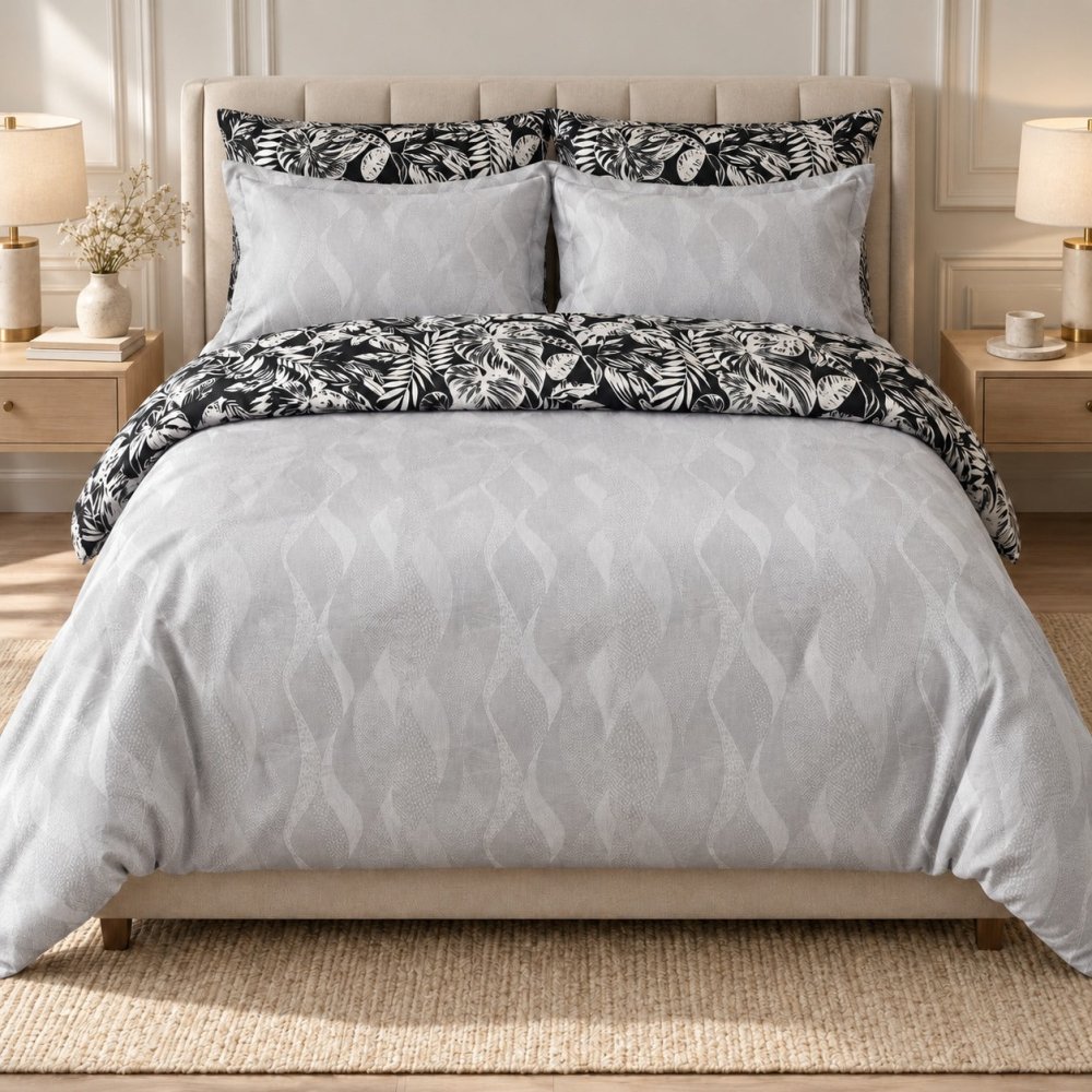 Luxury Light Grey 6-Piece 2-in-1 Duvet Set – Wave Jacquard & Printed Cotton Reverse - myhomestore.com.pk