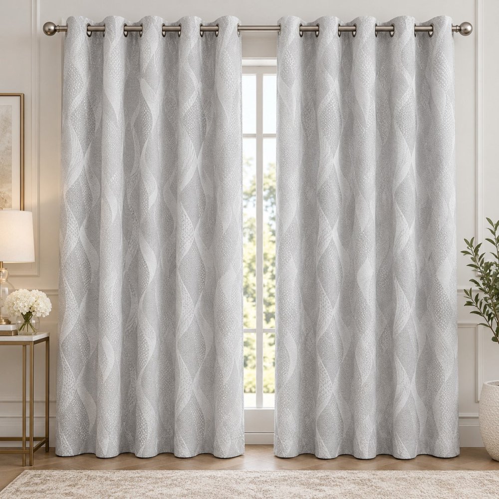 Luxury Light Grey Wave Jacquard Eyelet Printed Curtains – Pack of 2 - myhomestore.com.pk