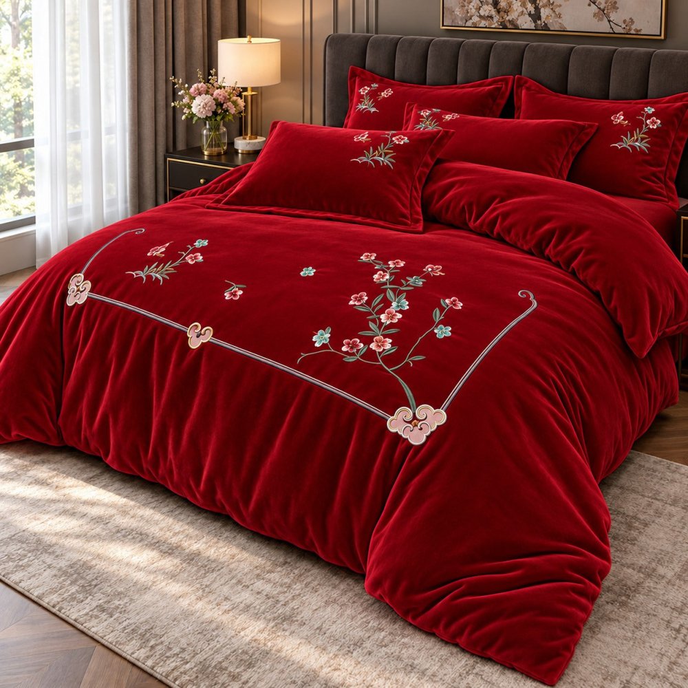 Luxury Maroon Floral Embroidered Velvet Duvet Set - myhomestore.com.pk