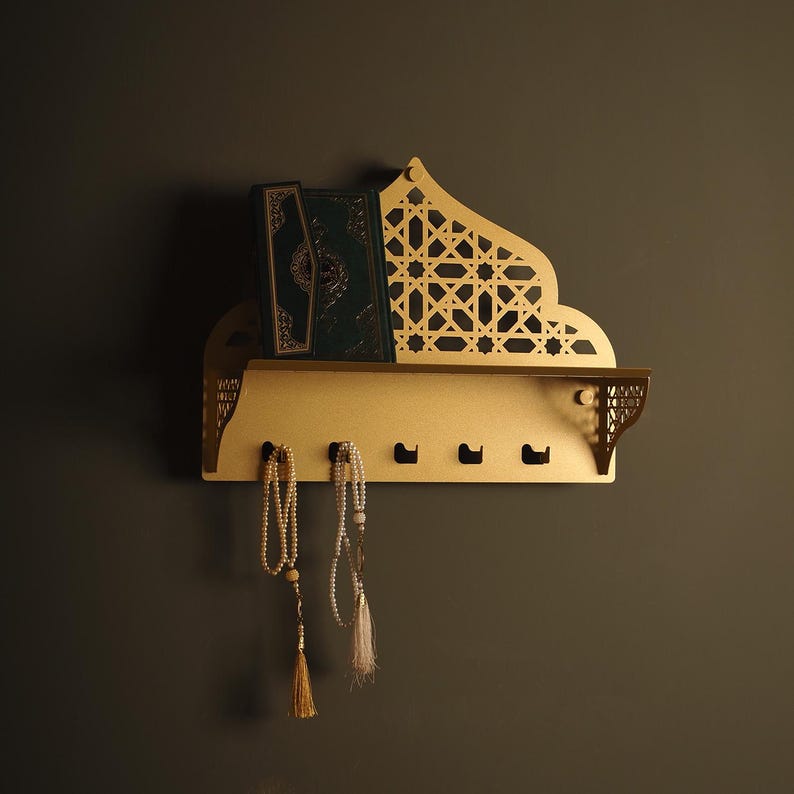 Luxury Metal Wall - Mounted Quran Shelf with Tasbih & Key Hooks - myhomestore.com.pk