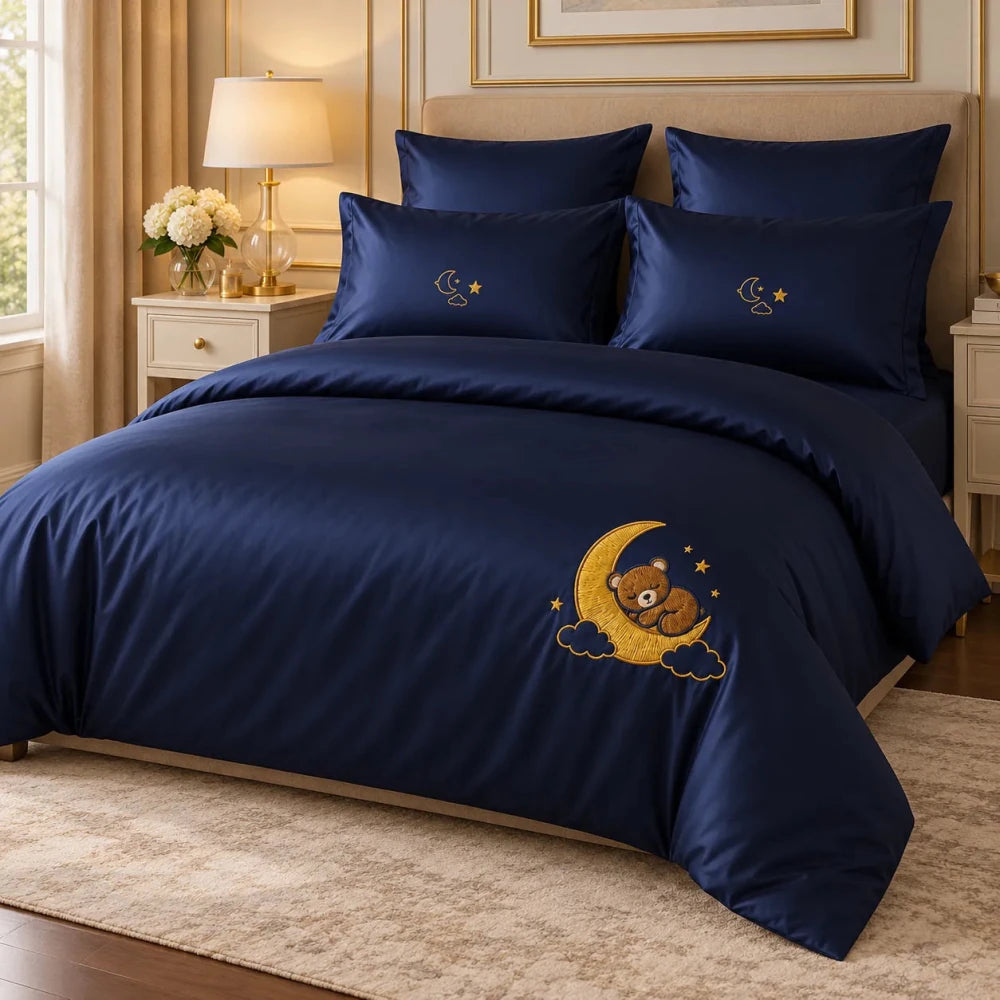 Luxury Moon & Teddy Embroidered Bedding Set – Navy Blue - myhomestore.com.pk