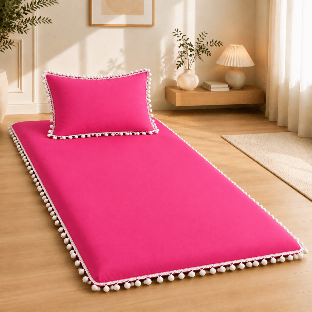 Luxury Pink Pom Pom Lace Floor Mattress with Pillow Set - myhomestore.com.pk