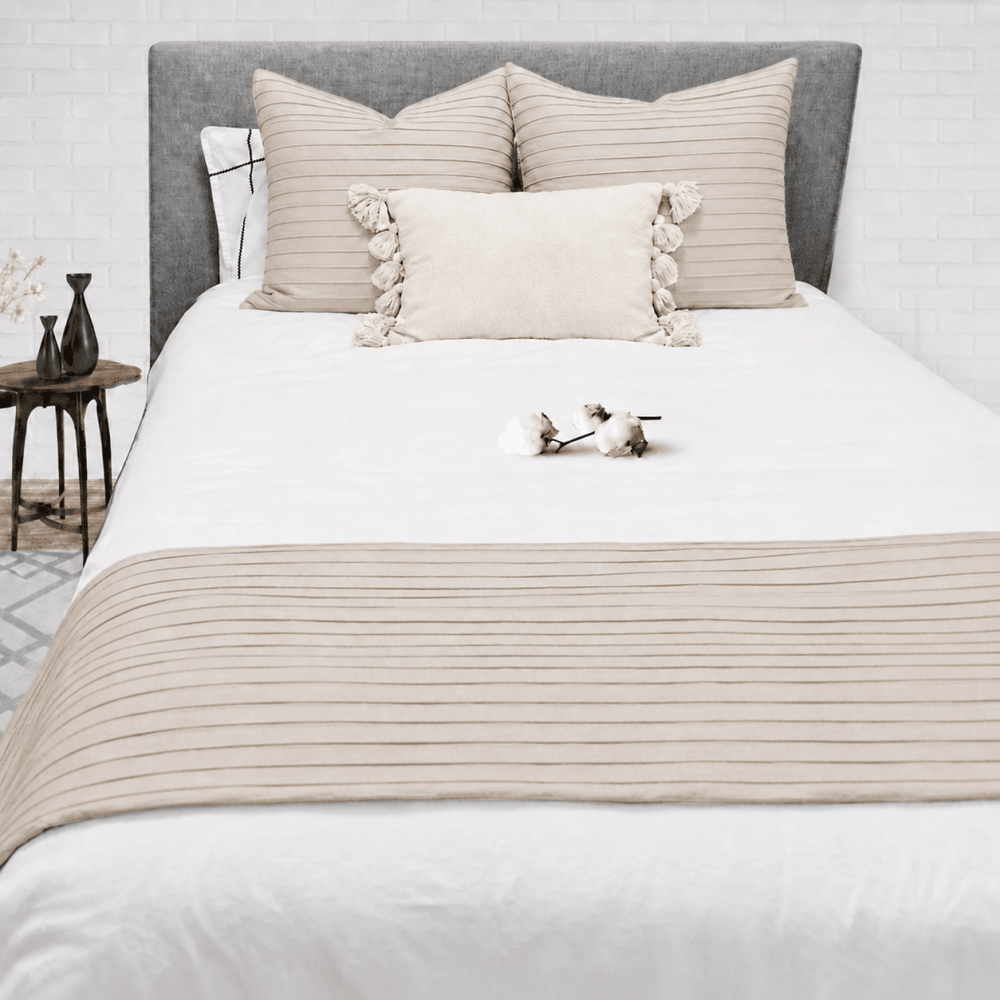 Luxury Pleated Bed Runner with 2 Matching Cushions β Beige - myhomestore.com.pk