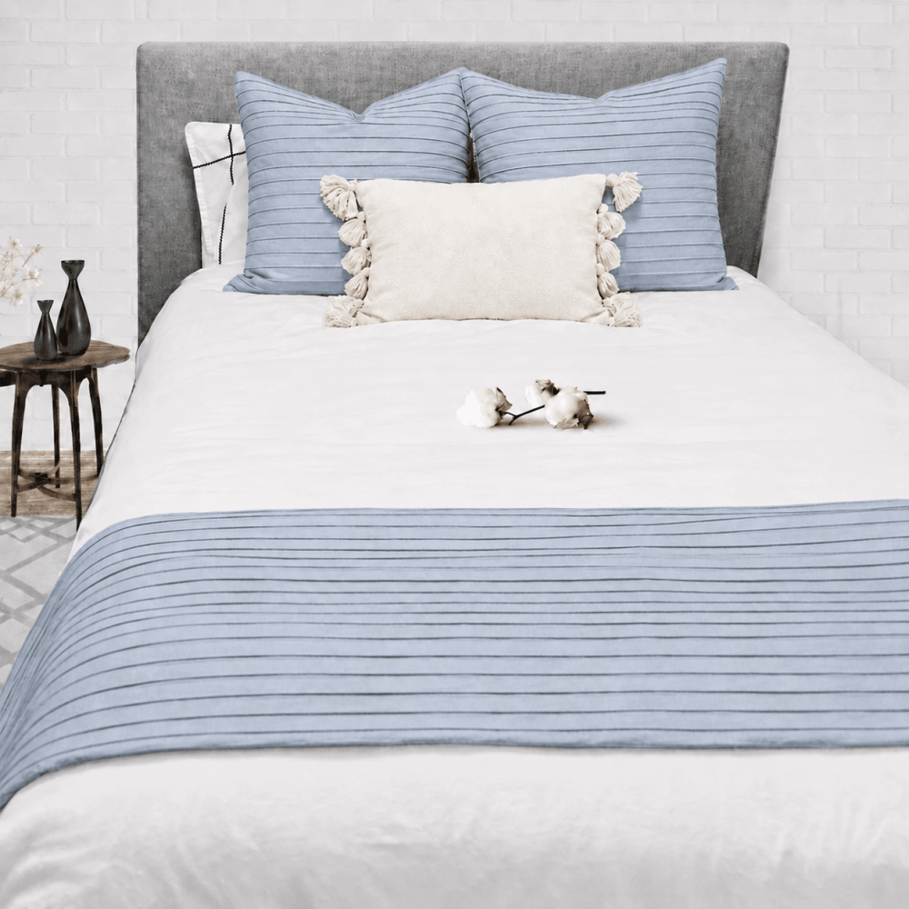 Luxury Pleated Bed Runner with 2 Matching Cushions β Sky Blue - myhomestore.com.pk