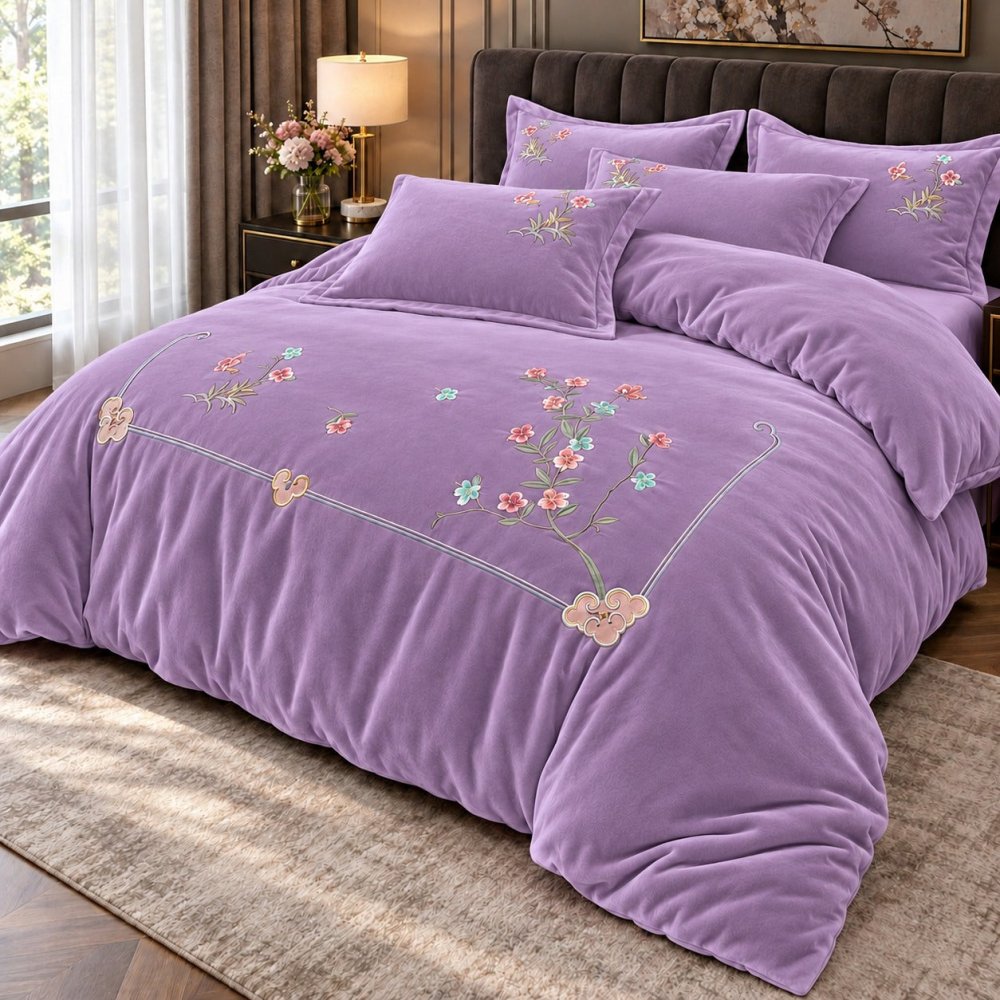 Luxury Purple Floral Embroidered Velvet Duvet Set - myhomestore.com.pk