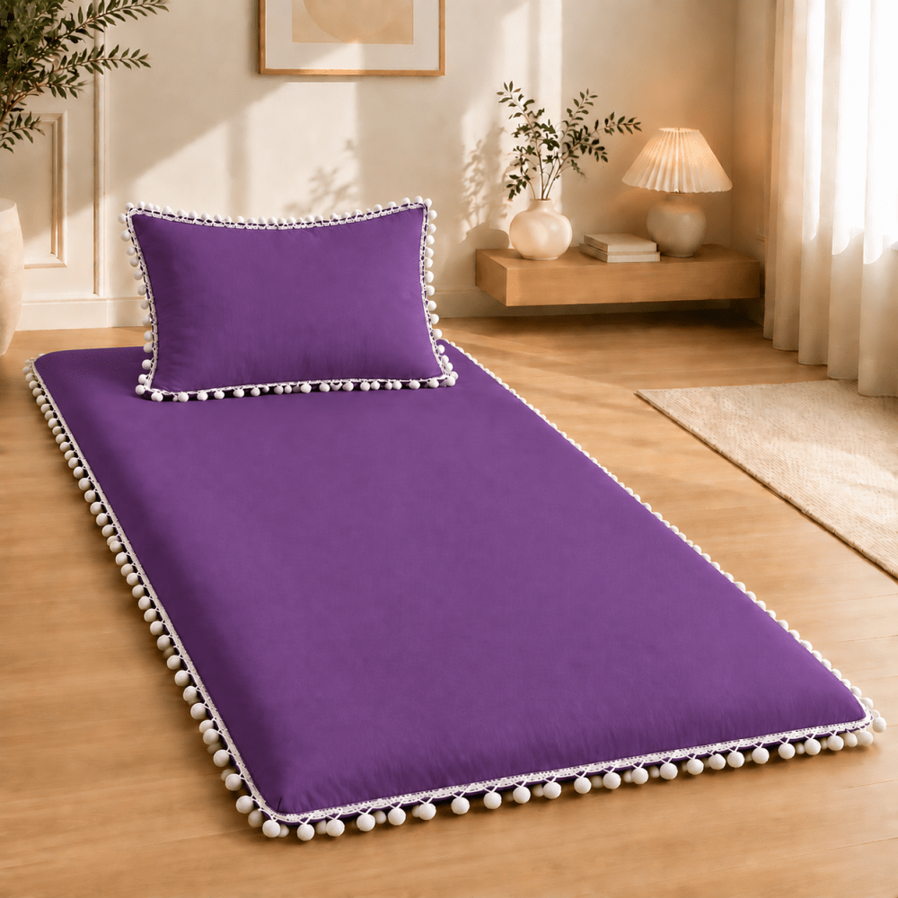 Luxury Purple Pom Pom Lace Floor Mattress with Pillow Set - myhomestore.com.pk
