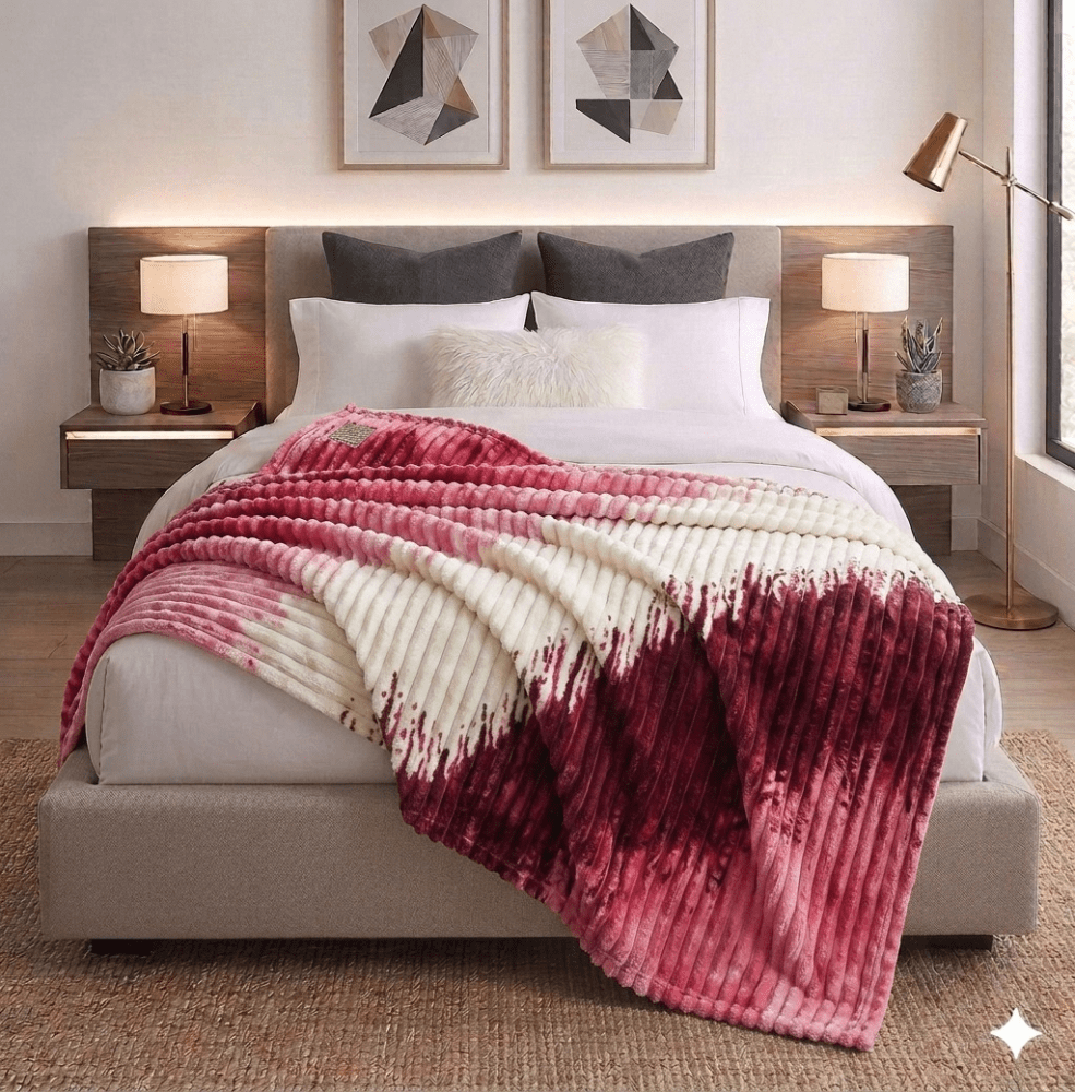 Luxury Reversible Faux Fur Throw Blanket – Pink, Cream & Burgundy Gradient Pattern - myhomestore.com.pk