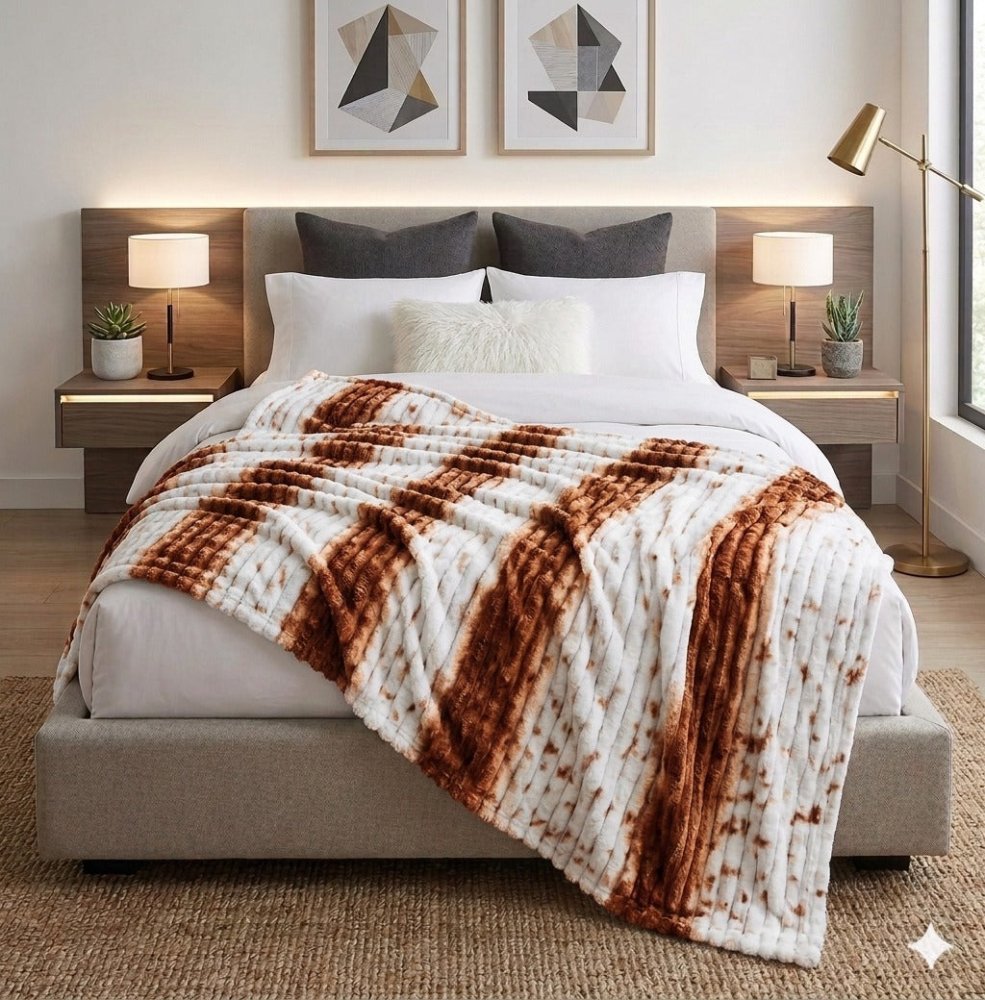Luxury Reversible Faux Fur Throw Blanket – Rust & White Pattern - myhomestore.com.pk