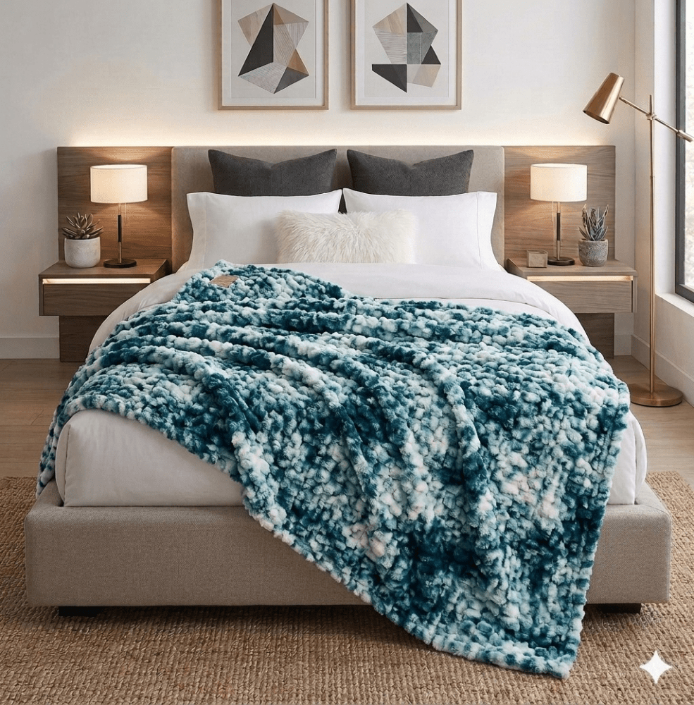 Luxury Reversible Faux Fur Throw Blanket – Teal & White Cloud Pattern - myhomestore.com.pk