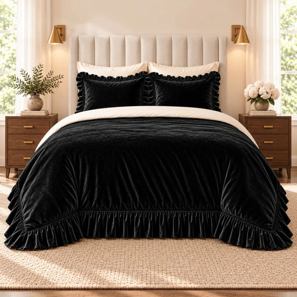 Luxury Ruffle Velvet Duvet Set - myhomestore.com.pk