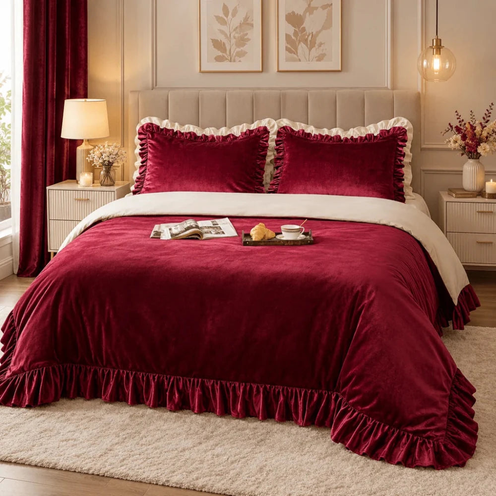 Luxury Ruffle Velvet Duvet Set - myhomestore.com.pk