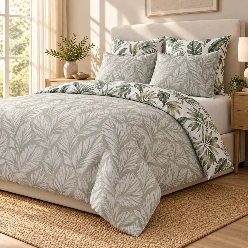 Luxury Sage Green 6-Piece 2-in-1 Duvet Set – Leaf Jacquard & Printed Cotton Reverse - myhomestore.com.pk
