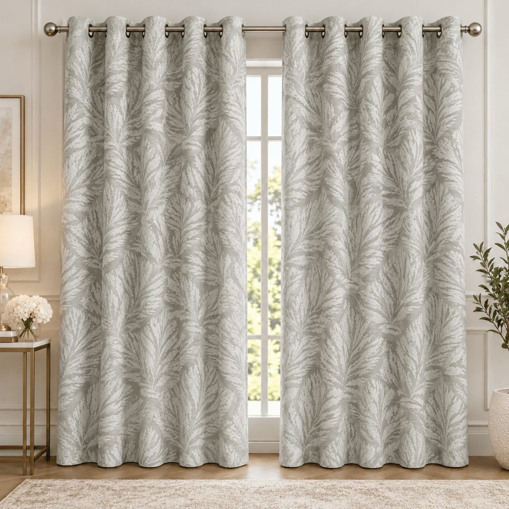 Luxury Sage Green Leaf Jacquard Eyelet Printed Curtains – Pack of 2 - myhomestore.com.pk