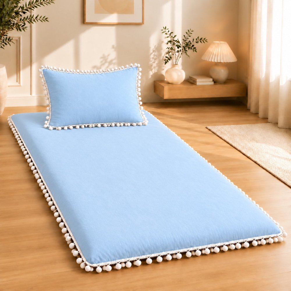 Luxury Sky Blue Pom Pom Lace Floor Mattress with Pillow Set - myhomestore.com.pk