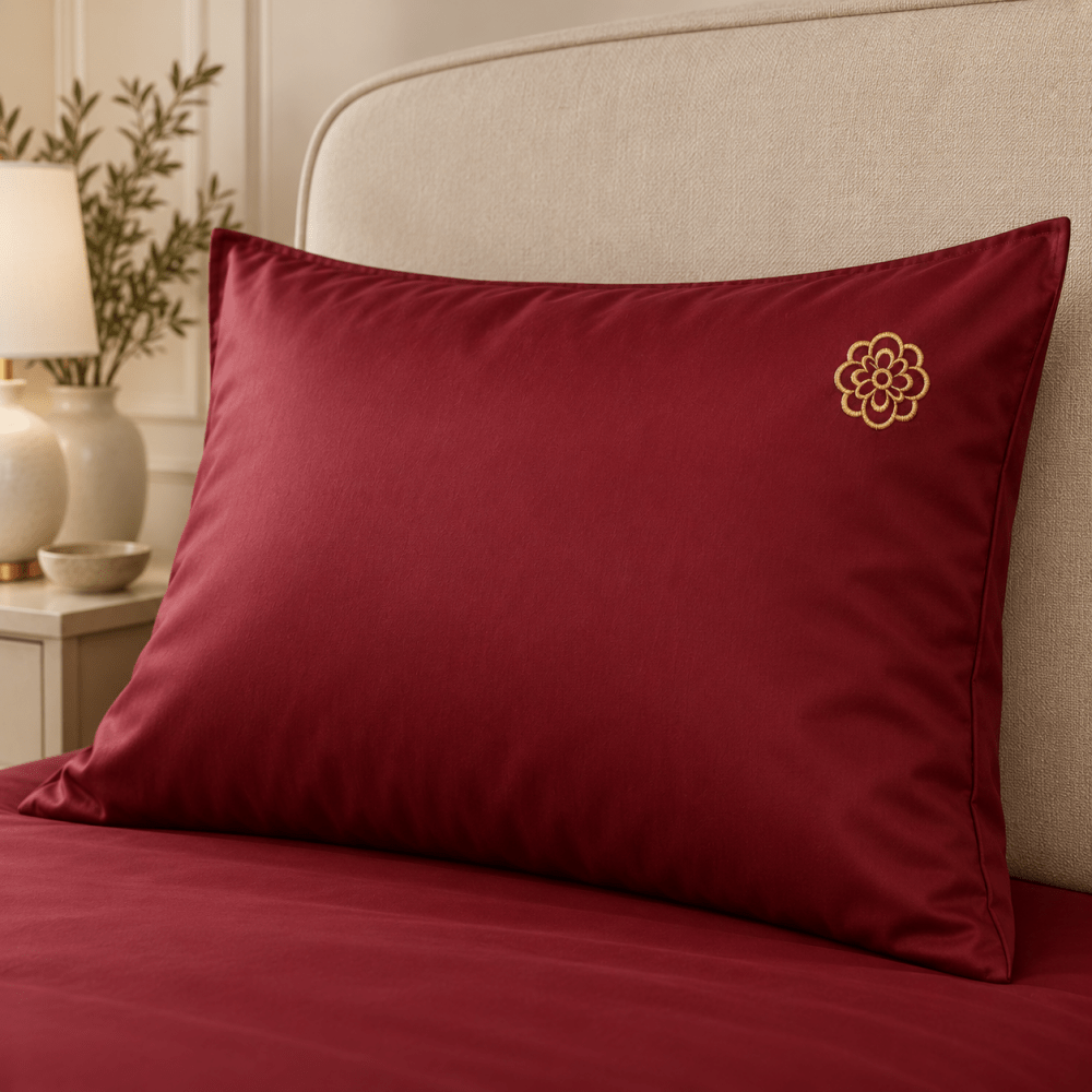 Maroon Shine Cotton Golden Rosette Embroidered Bedding Set - myhomestore.com.pk