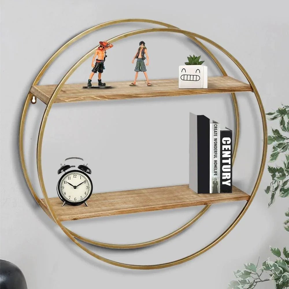 MDF Metal Wall Shelf with 2 Open Shelves, Brown and Gold - myhomestore.com.pk